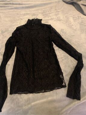 Free People Black Lace Long-Sleeve Mock Neck Top